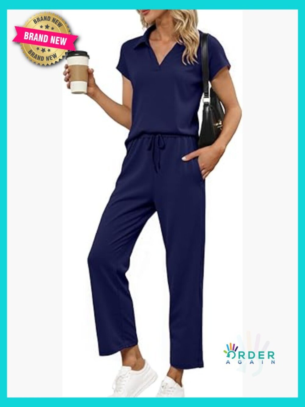 Women's 2 Piece Summer Lounge Set Polo Top Cap Sleeve Wide Leg Pant Tracksuit